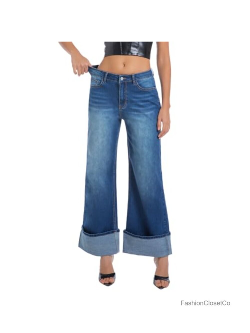 Stretchy High Waisted Wide Leg Cuffed Jeans Women Baggy Loose Denim Pants